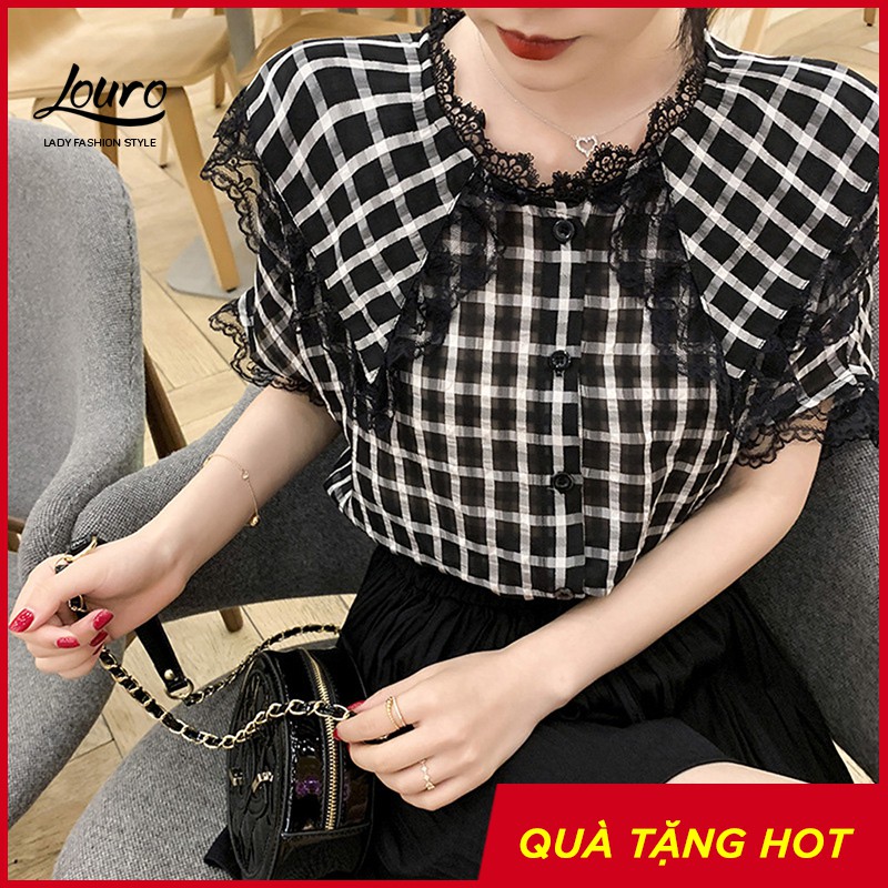 Áo sơ mi nữ công sở Louro L110,có ảnh thật, mẫu áo kiểu cổ búp bê viền ren, họa tiết caro