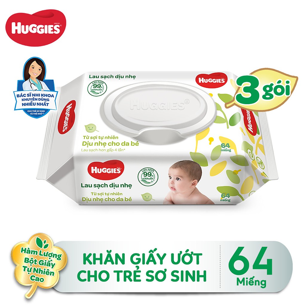 Combo 3 gói khăn ướt Huggies 64 miếng không mùi cho bé sơ sinh