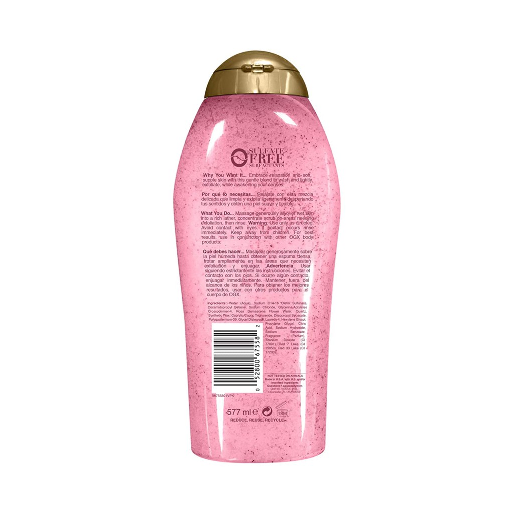 Sữa tắm tẩy tế bào chết OGX Rose Water &amp; Pink Sea Salt - 577ml