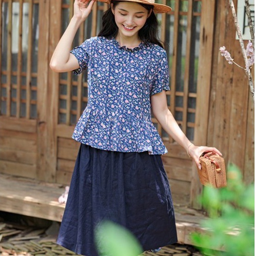 Chân váy linen trơn màu xanh tím than LÁ IN HOA