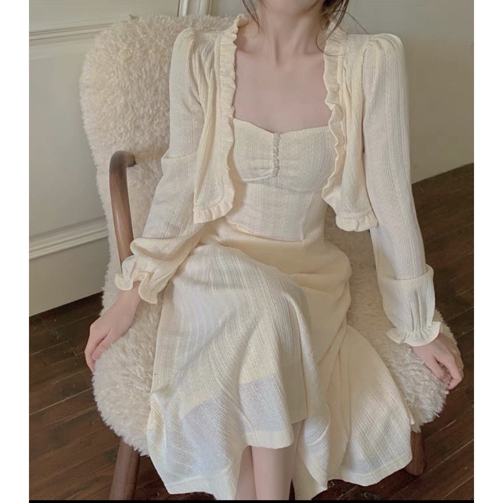 |Có Ảnh Thật| Set Váy Hai Dây Dáng Dài Maxi Kèm Áo Khoác Thun Gân Ulzzang Siêu Xinh