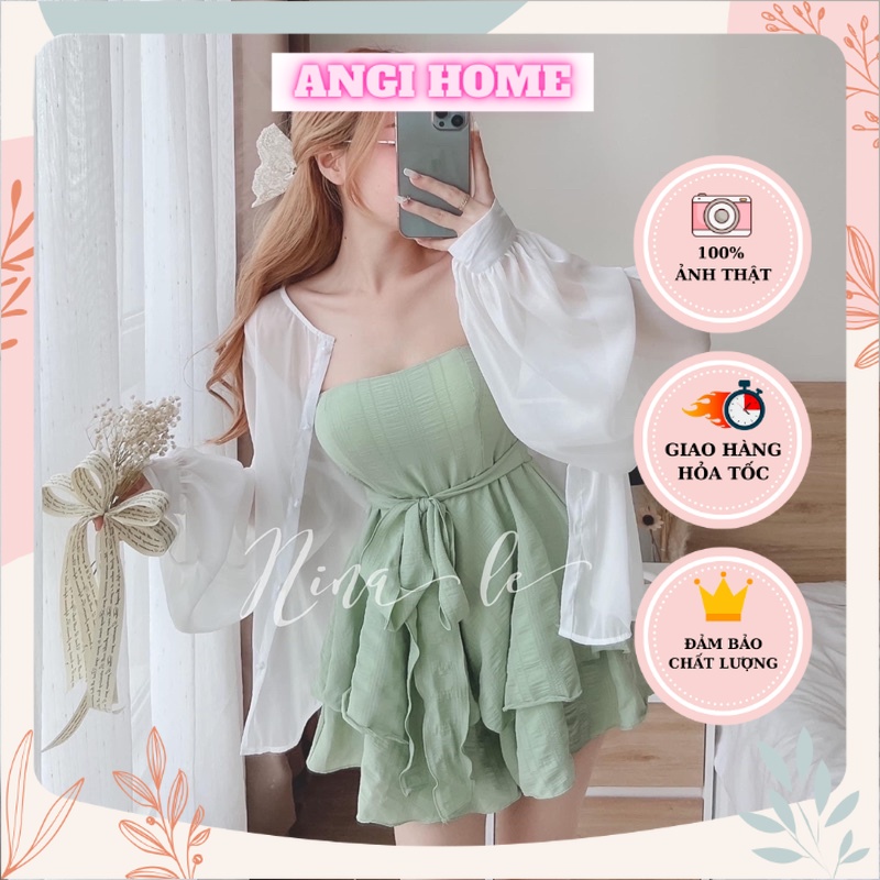 SET ÁO KHOÁC KIỂU MIX VÁY XANH PHỐI NƠ ANGI HOME
