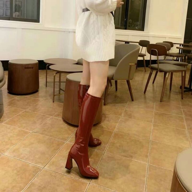 boot đùi gót vuông da bóng gót cong 7cm đen kem hàng hộp | BigBuy360 - bigbuy360.vn