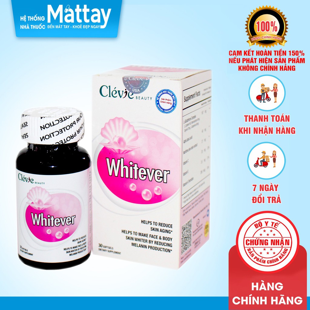 Whitever - Clevie Health - Chai 30 Viên - Làm Chậm Quá Trình Lão Hóa Da, Giúp Da Mịn Màng, Tươi Trẻ.
