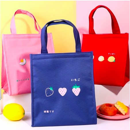 Túi đựng cơm vải Oxford có lớp lót nhôm hoạ tiết hoa quả (size 20x17x23cm)