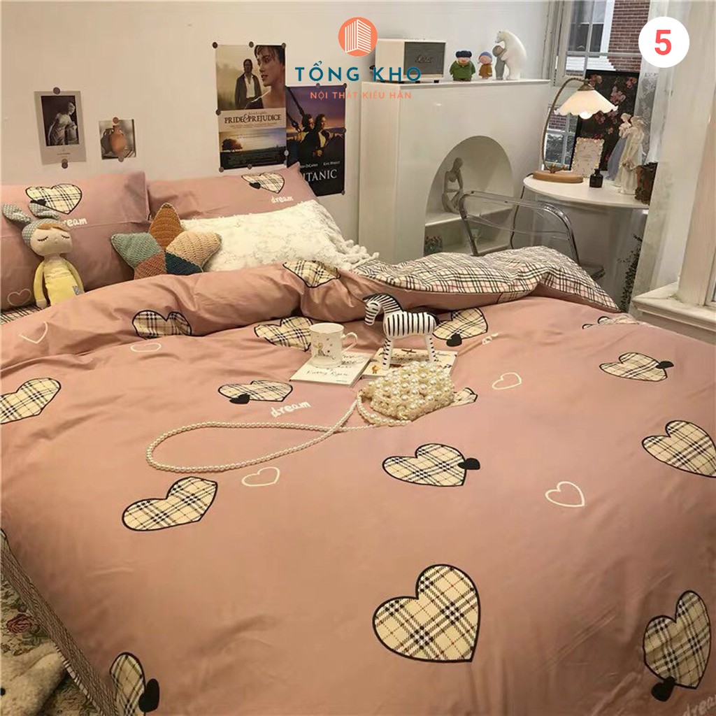 Set vỏ chăn ga gối cotton Poly họa tiết trái tim trang trí, decor phòng ngủ phong cách Hàn Quốc - Hàng nhập khẩu cao cấp