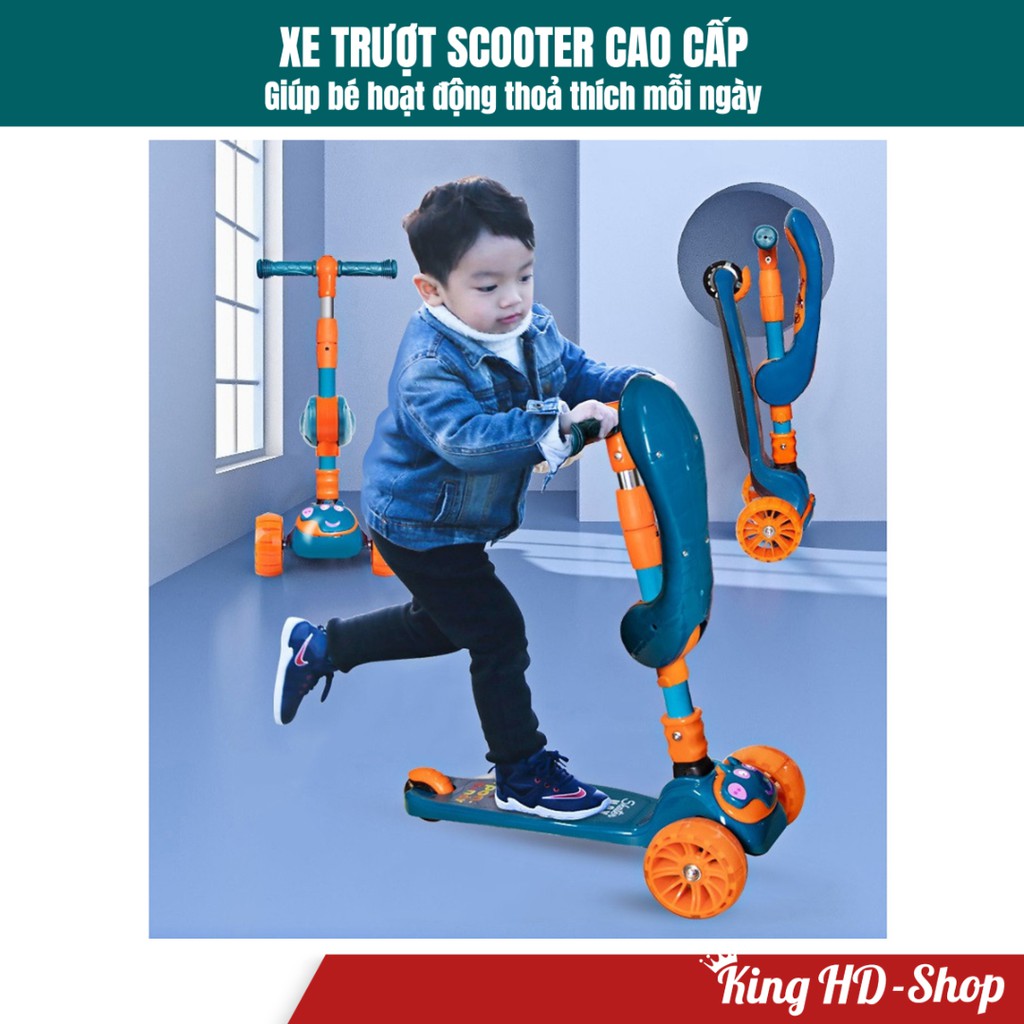 Xe trượt scooter cho bé, bánh to phát sáng, có nhạc, chịu lực 50kg