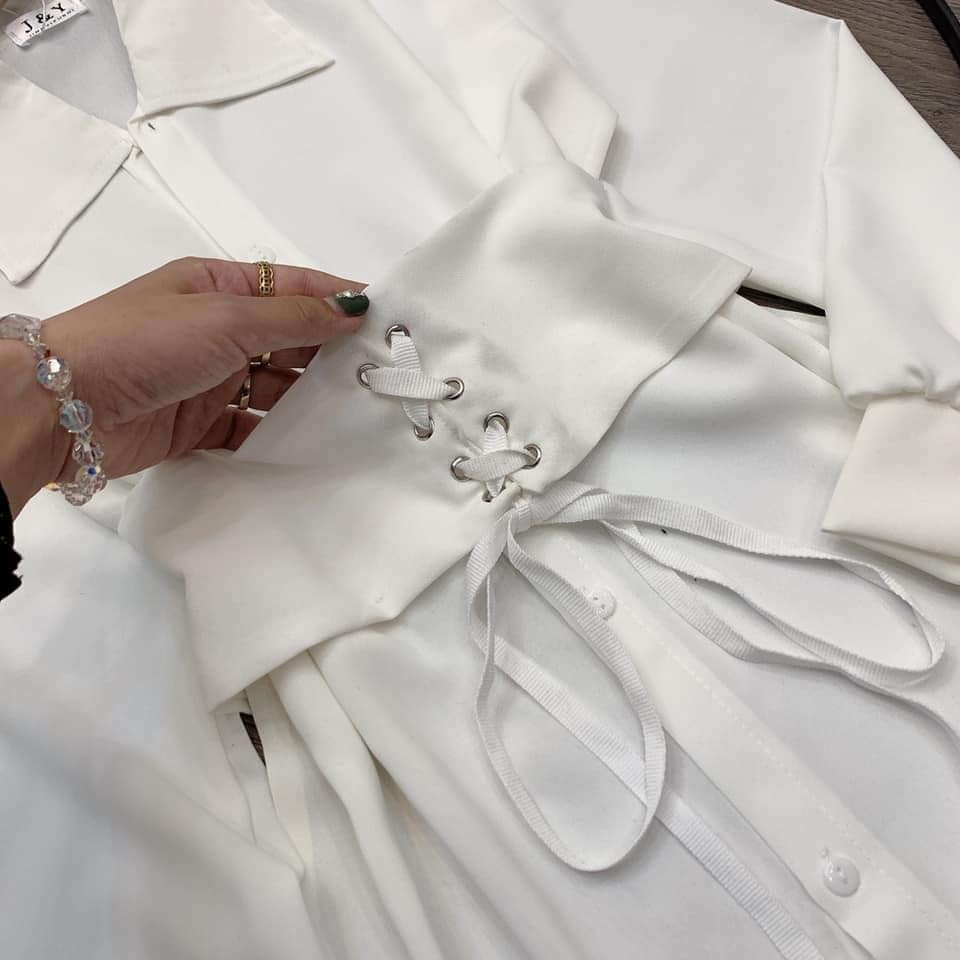Áo Váy, Váy sơ mi BASIC trắng thắt dây eo cá tính, sang chảnh chất đũi Quảng Châu Cao Cấp