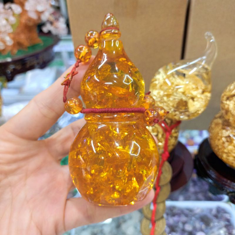 Bầu hồ lô đá  pha lê lưu ly nước ngải dát lá vàng cầu sưc khoe,tài lộc, may mắn