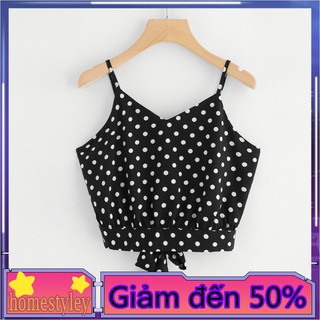 Áo croptop hai dây họa tiết chấm bi kèm nơ xinh xắn cho nữ