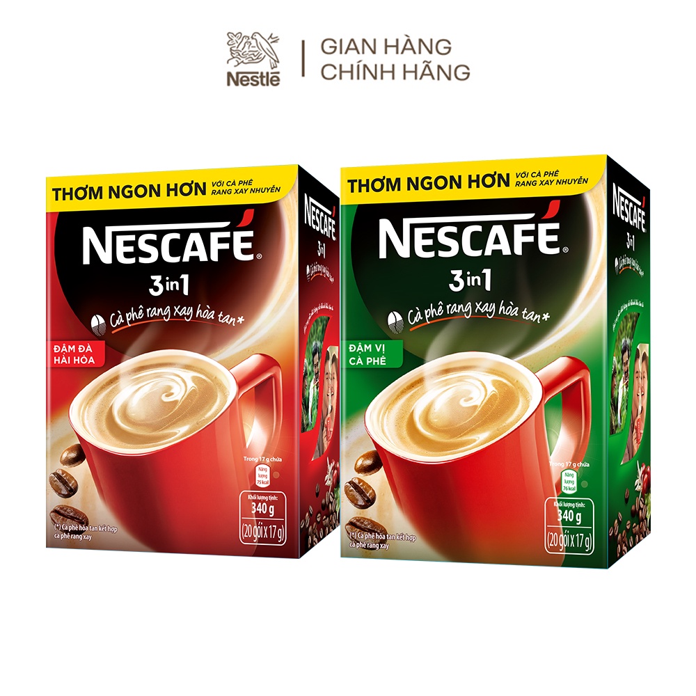 [Tặng 2 ly sứ pastel màu ngẫu nhiên]Combo 2 hộp cà phê Nescafe 3in1: Đậm đà hài hòa và Đậm vị cà phê (Hộp 20 gói x 17g)