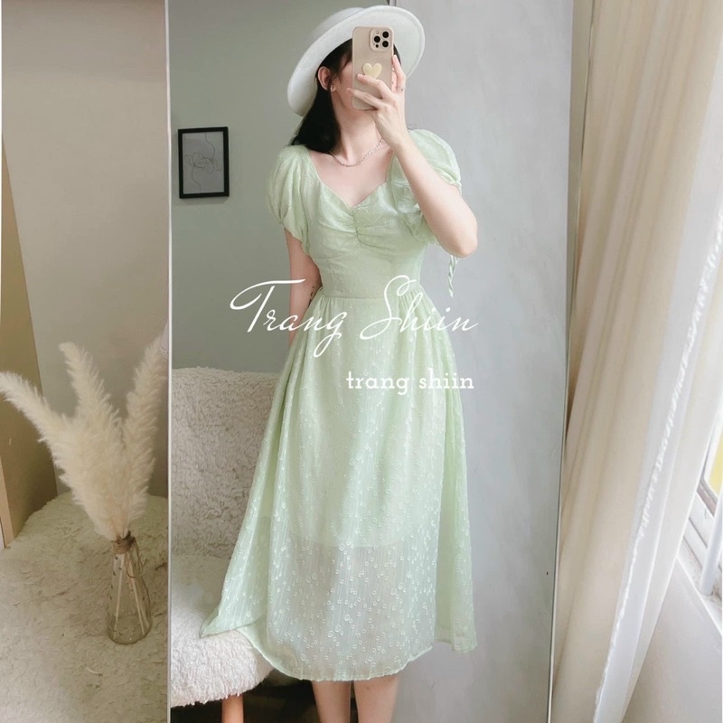 ĐẦM XANH HOA NỔI NHÍU NGỰC RÚT TAY MIDI