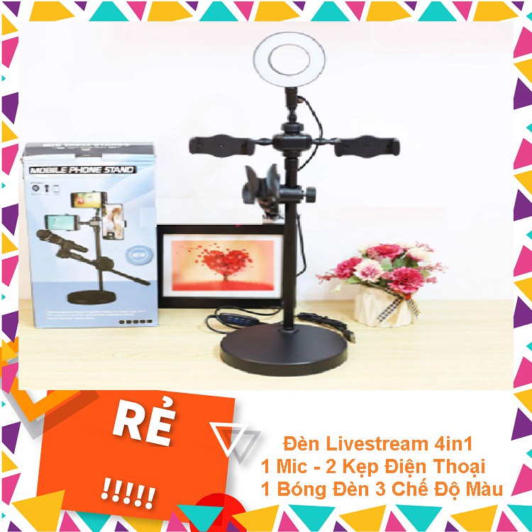 Đèn Live Stream 4in1 Để Bàn Có Chân Đỡ Micro LivesTream Hai Điện Thoại - Bộ Giá Đỡ Điện Thoại Livestream 4in1