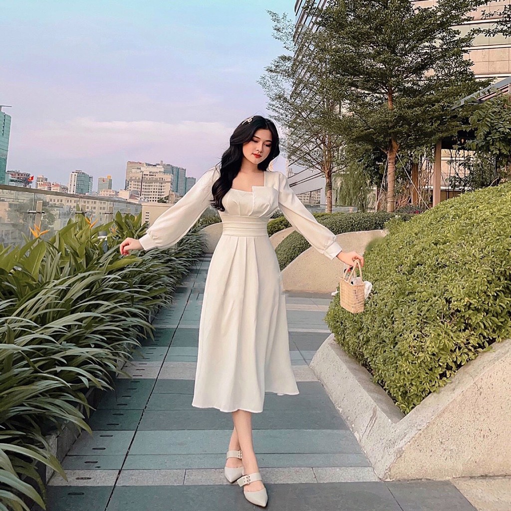 Đầm dự tiệc trắng dập ly ngực tay dài phong cách trẻ trung XUKA-DRESS MT100-chất Lụa cao cấp đẹp | BigBuy360 - bigbuy360.vn