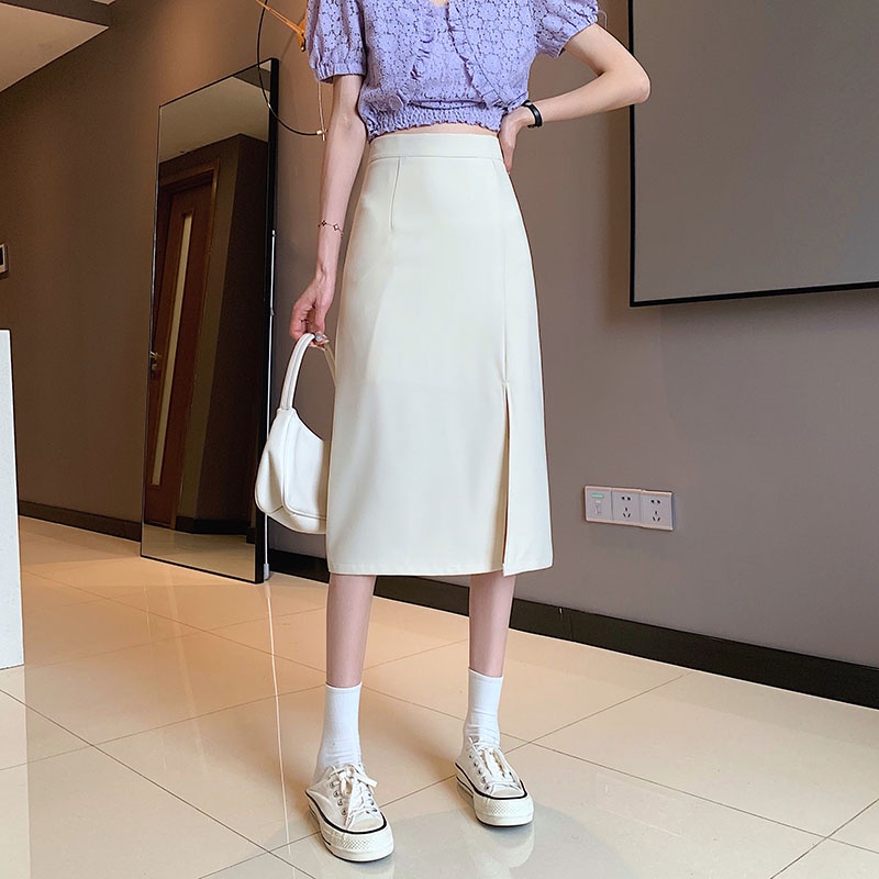 SUXI Chân váy midi lưng cao thiết kế chữ A cho nữ