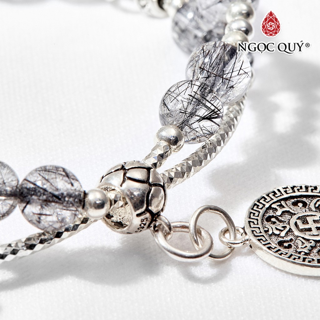 Vòng tay đôi TA tóc đen phối charm bạc hạt 6mm - Ngọc Quý