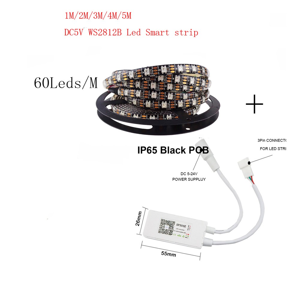 Dây Đèn Led 1-5m Dc5v Ws2812b 60 Pixels / Leds / M Ws2812 Ic 5050 Rgb + Điều Khiển Led