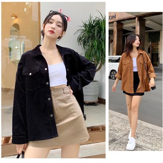 Set áo sơ mi nhung tăm mix áo hai dây kèm chân váy