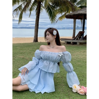Set váy tiểu thư trễ vai tay bồng chân váy xếp ly