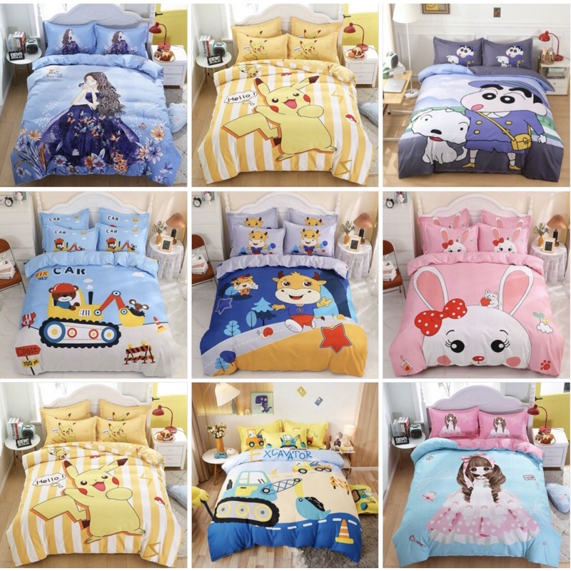 Set 4 món vỏ chăn ga gối cotton tina hoạt hình ngộ nghĩnh cho bé
