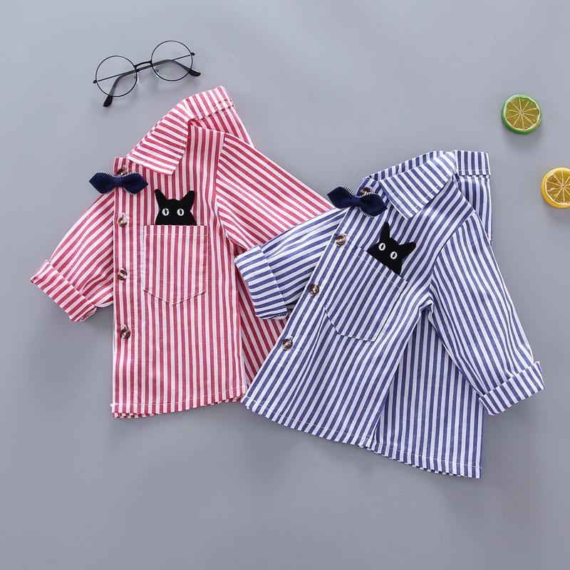 Áo Sơ Mi cotton Tay Dài Kẻ Sọc In Họa Tiết Hoạt Hình Dễ Thương Phong Cách Hàn Quốc Cho Bé Trai 0-5 Tuổi