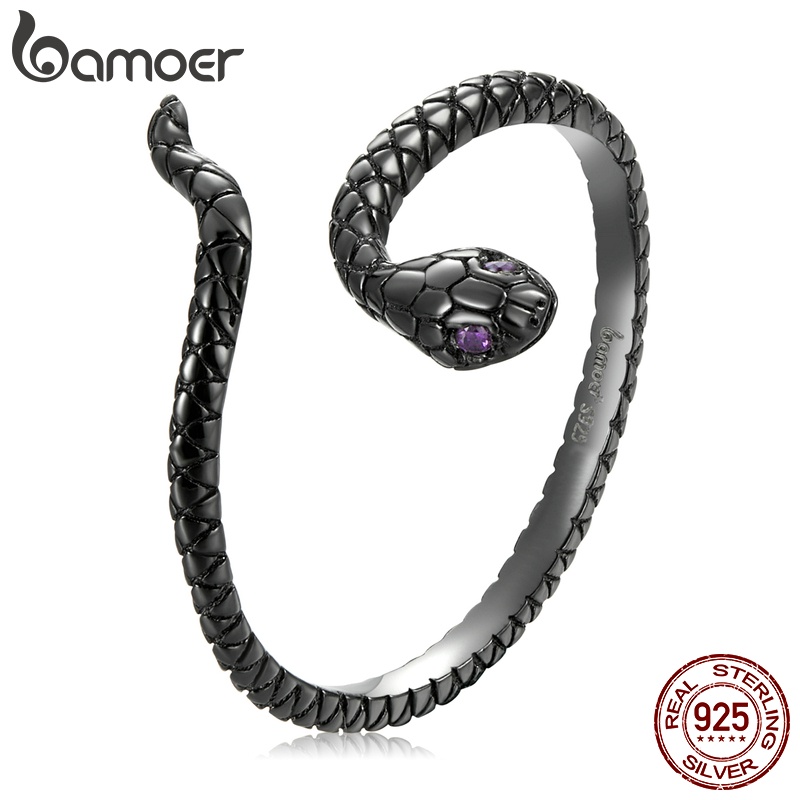 Nhẫn Bamoer BSR236 bằng bạc 925 hình con rắn màu đen thời trang cho nữ
