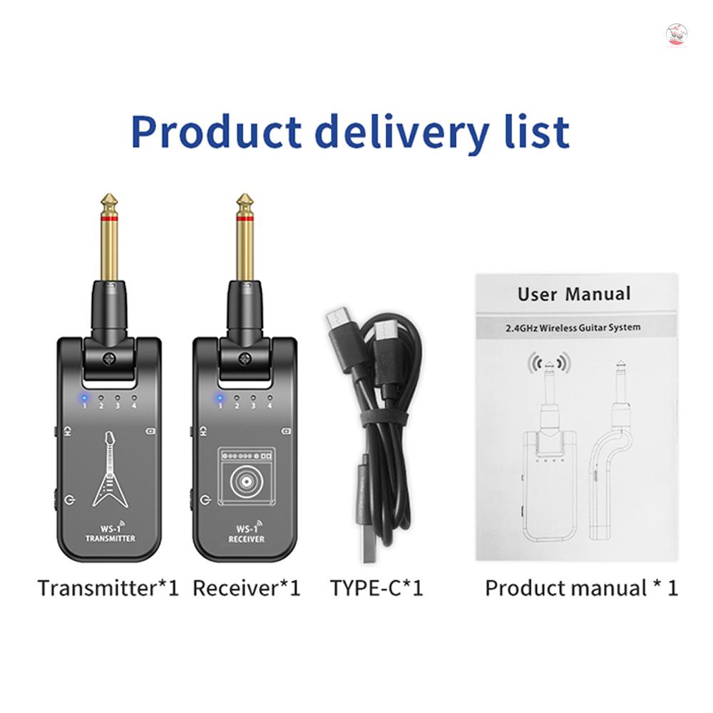 WS-1 2.4GHz Wireless Guitar System Rechargeable Audio Transmitter and Receiver 4 Channels 30m Transmission 282º Rotatable Head 5H Endurance for Electric Guitar Bass
