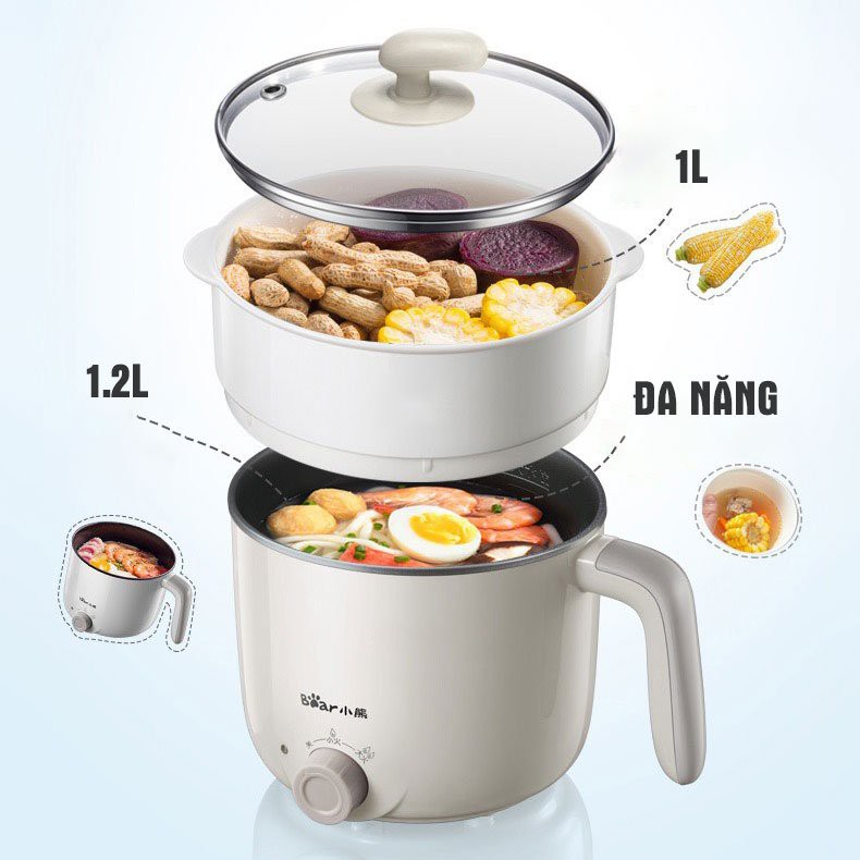 Nồi điện đa năng hầm cháo, nấu mỳ, nồi lẩu mini đa năng BEAR DRG-C12K1, công suất 600W - BẢO HÀNH CHÍNH HÃNG