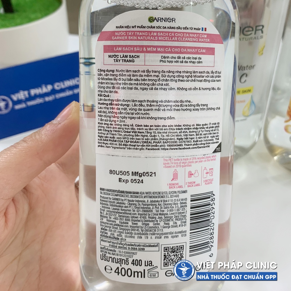 Tẩy trang sạch sâu cho mọi loại da Garnier Micellar Water 400ml