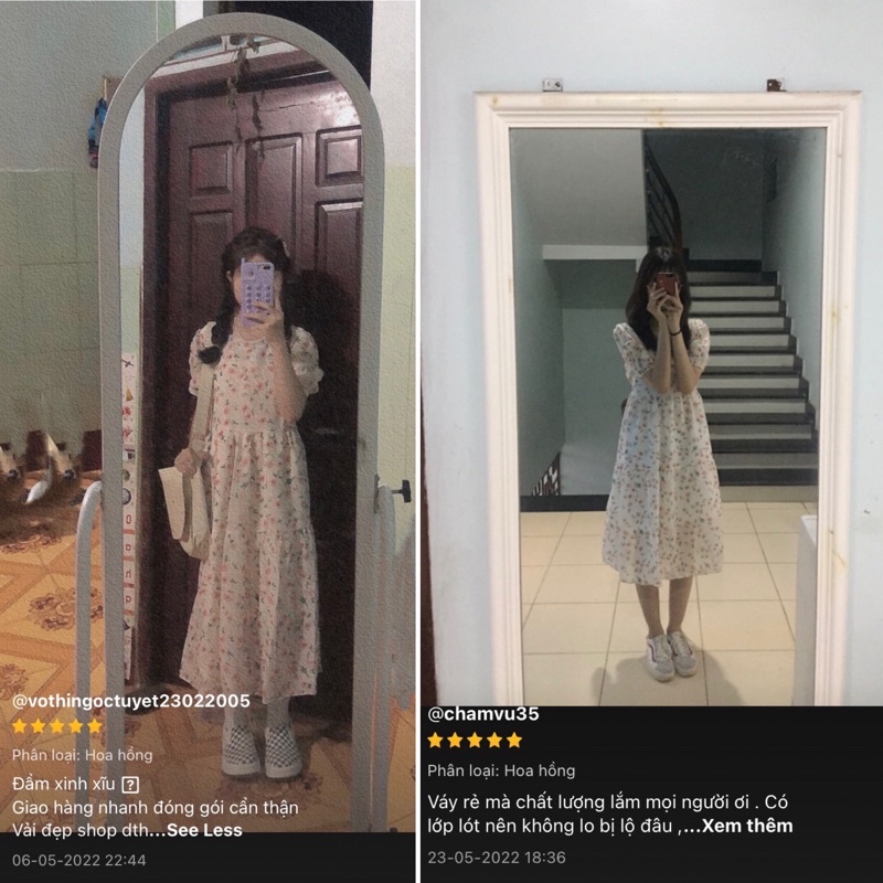 Đầm babydoll hoa nhí dáng dài ulzzang, Váy nữ xoè hoa nhí tay bồng