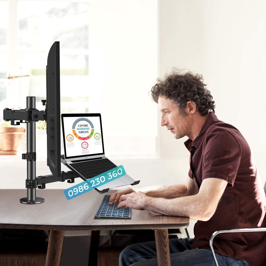 M074 | Giá Treo Màn Hình 17-32 Inch Tích Hợp Sẵn Giá Đỡ Laptop  / Tải Trọng 8Kg - Tay 38 Cm  - Lắp Đặt Kẹp Bàn