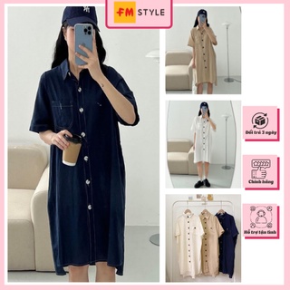 Váy sơ mi cổ bẻ viền chỉ 1 túi 175 dáng dài | váy sơ mi viền chỉ nổi thanh lịch dịu dàng | fm store 220323136