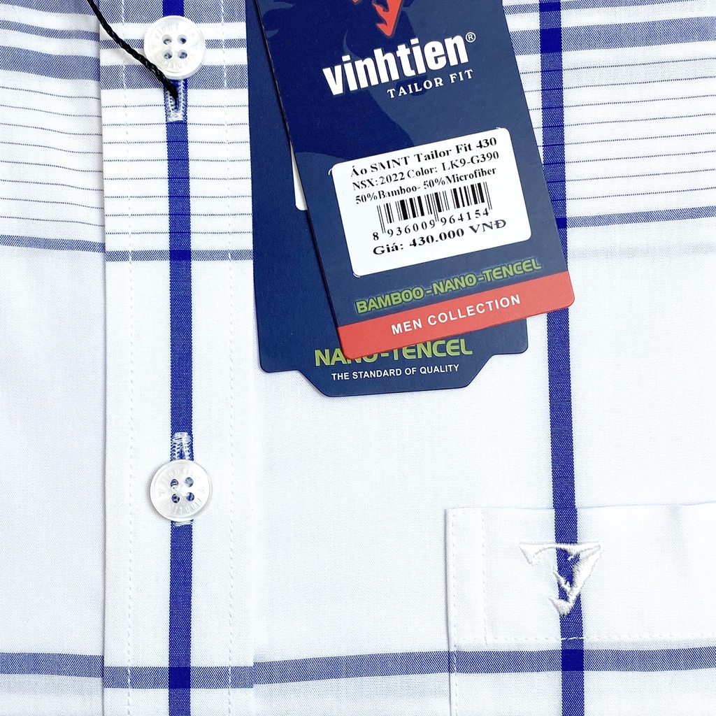 Áo Sơ Mi Nam Tay Ngắn Sọc Caro Bamboo Vĩnh Tiến Form Tailor Fit Vạt Ngang 430 - G390