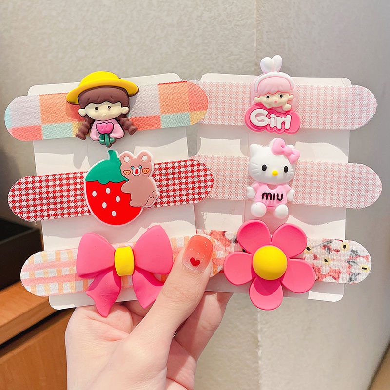 Sét 5 Miếng Dán Cố Định Tóc Gọn Gàng Chống Trượt Không Đau Cho Bé Gái, băng đô dán tóc hoa quả hoạt hình đáng yêu cho bé