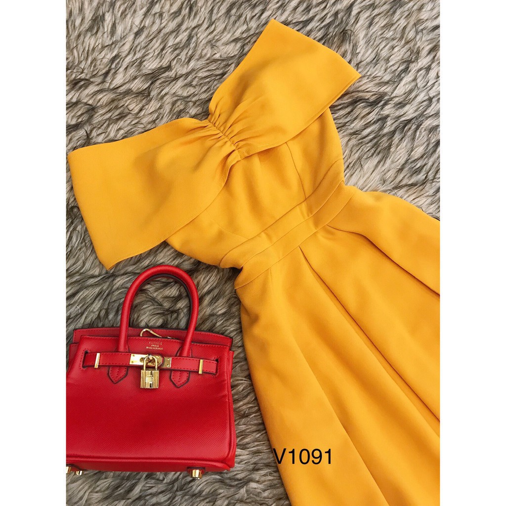 [ xả kho ] MiD Đầm vàng trễ vai hàng thiết kế V1091 Mie Design ảnh thật