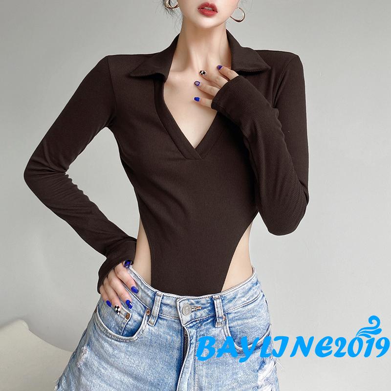 Áo liền thân tay dài cổ V màu trơn gợi cảm size S/M/L cho người lớn