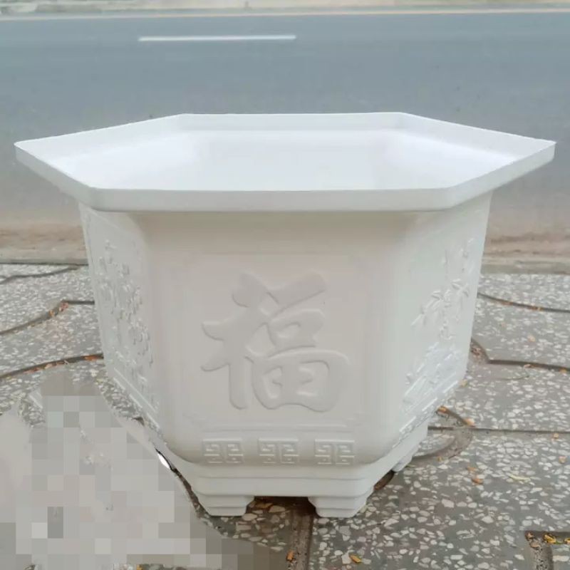 (32x22cm) Chậu nhựa lục giác trắng hoạ tiết nổi chân cao dày, bóng, đẹp (L19)