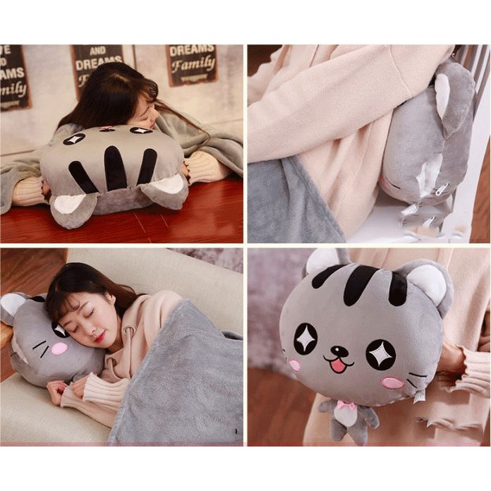 Bộ chăn gối văn phòng 3 in 1 Totoro vuông màu xám có thể mang đi du lịch tiện lợi