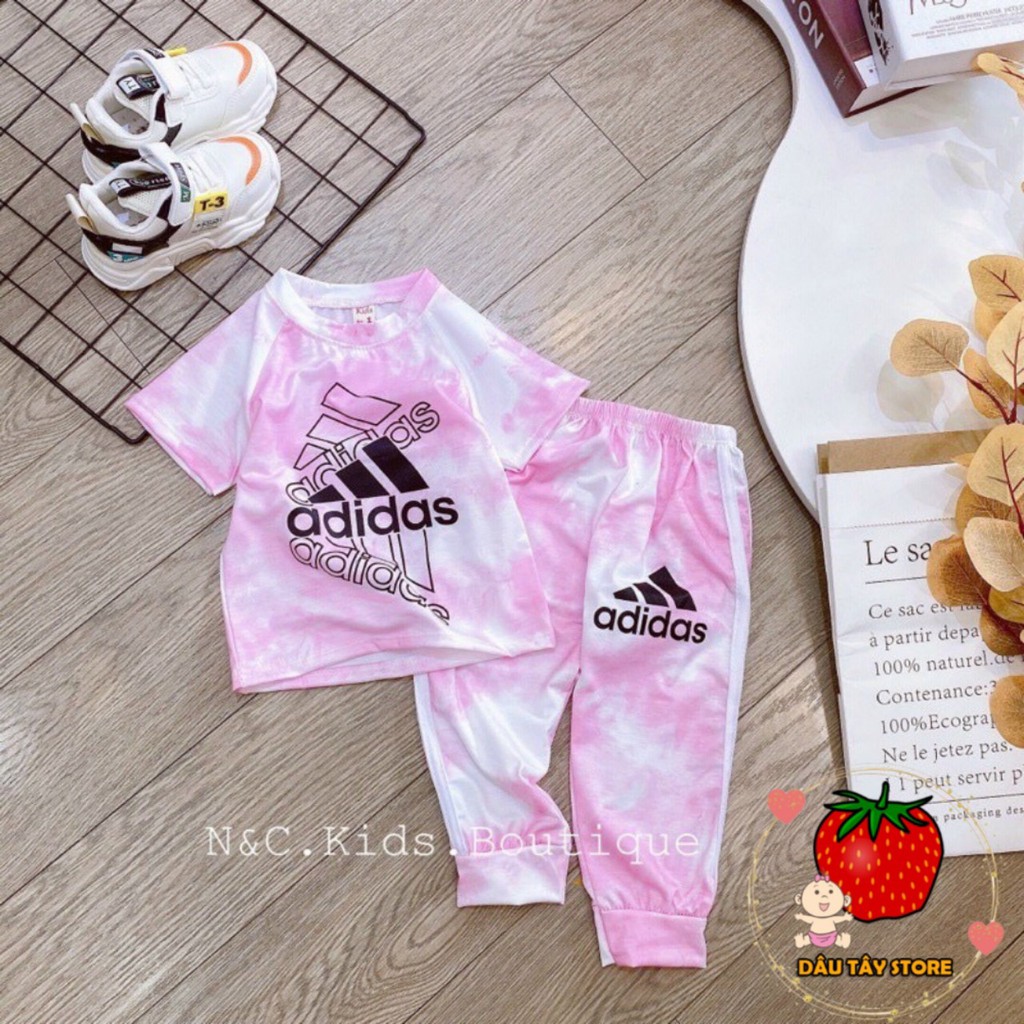 Bộ Adidass Siêu Đáng Yêu Bé Trai Bé Gái Vải Cotton Co Dãn Họa Tiết Kẻ Ngang Quần Dài Sọc Dễ Thương, Áo Cộc Tay Cho Bé