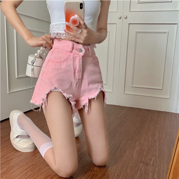Jiashucheng Quần Short Denim Màu Hồng Lưng Cao Ống Rộng Không Đối Xứng Viền Raw Thời Trang Mùa Hè Hàn Quốc Mới Cho Nữ