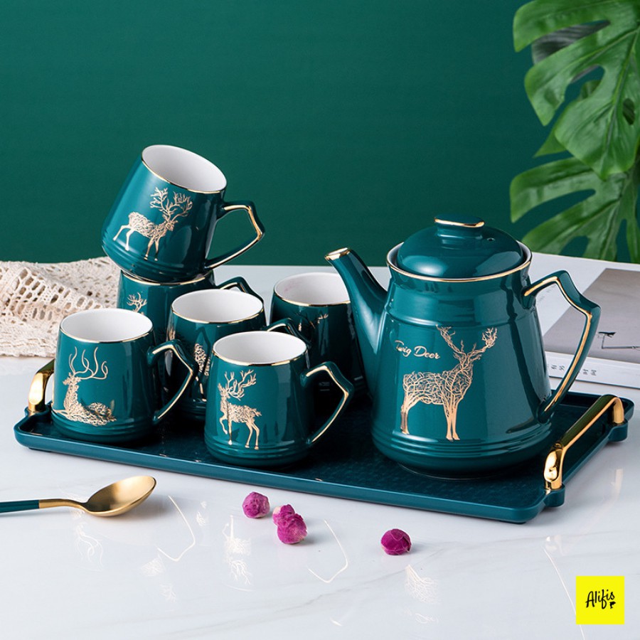 Bộ bình cốc uống trà kèm khay/giá úp – màu xanh cổ vịt viền vàng – họa tiết hươu sang trọng