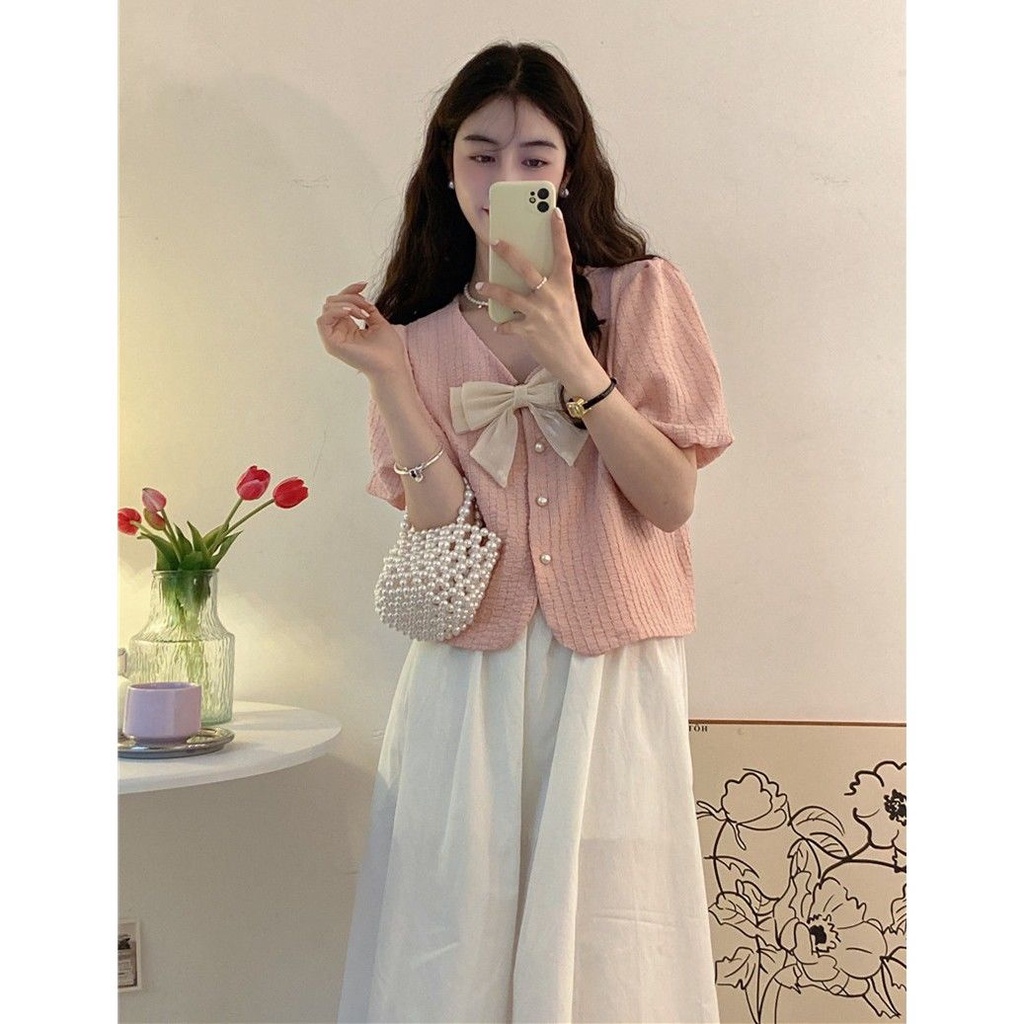 Áo Sơ Mi Tay Ngắn Phồng Ngắn Cổ Chữ V Thắt Nơ Thời Trang Mùa Hè Mới Cho Nữ