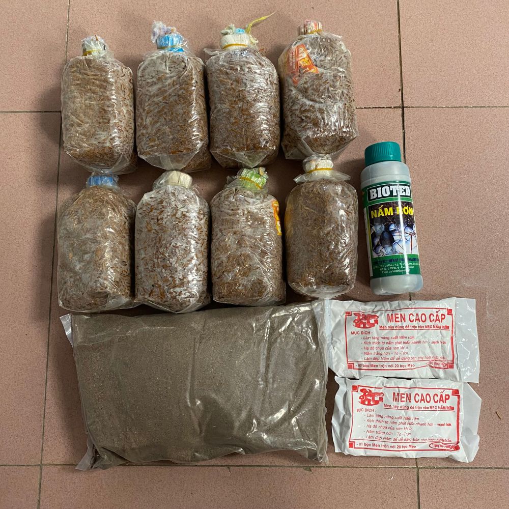 Combo làm nấm rơm đầy đủ 8 Nha - năng suất khoảng 8-10kg nấm, gồm 8 meo nhỏ, phân, men, dung dịch dưỡng