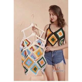 Áo croptop dệt kim 2 dây cổ V phong cách boho nhiều màu rực rỡ