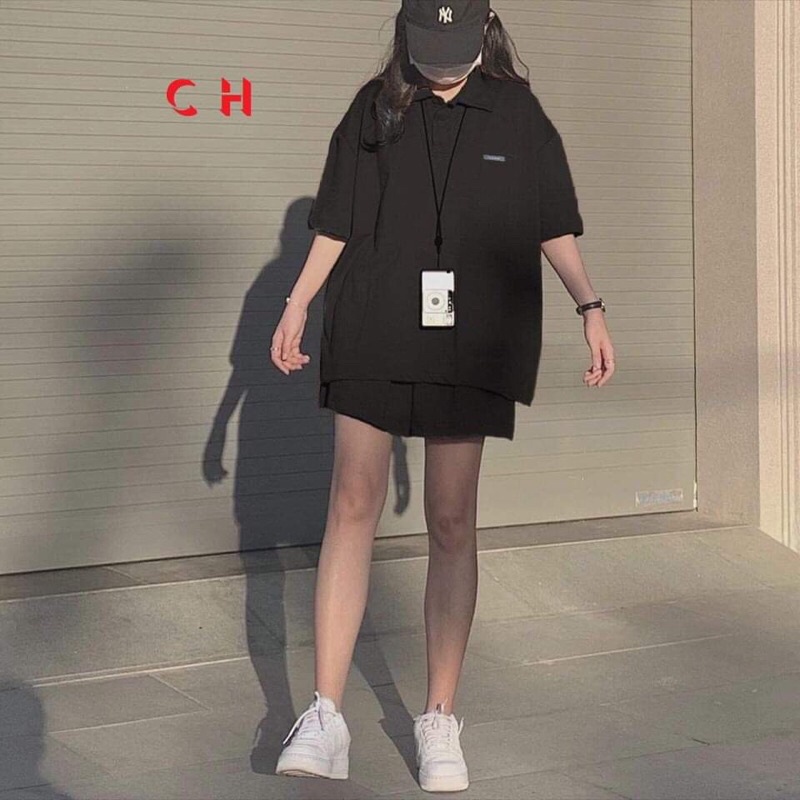Sét đùi polo đen chữ nhỏ in tim CH12
