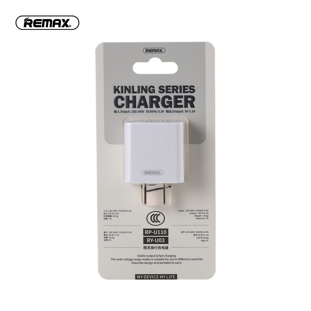 Củ sạc nhanh chính hãng Remax Rp 110 / Ry 03 với dòng 2.1A 1 cổng USB