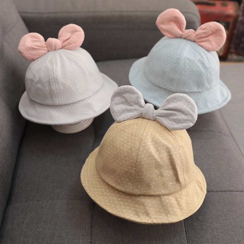 Nón Bucket Chất Cotton Hoạ Tiết Chấm Bi Phối Nơ Dễ Thương Cho Bé