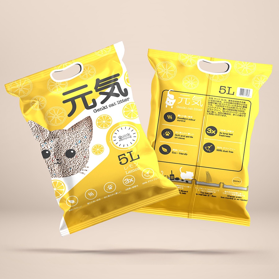 Genki cát vệ sinh bentonite cho mèo 5L - Nhật Bản, ít bụi, khử mùi tốt, mùi cà phê chanh táo phấn trà xanh