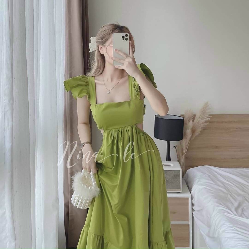 Đầm maxi đi biển khoét eo cổ vuông bèo vai sang chảnh nhiều màu rực rỡ (sẵn mút)