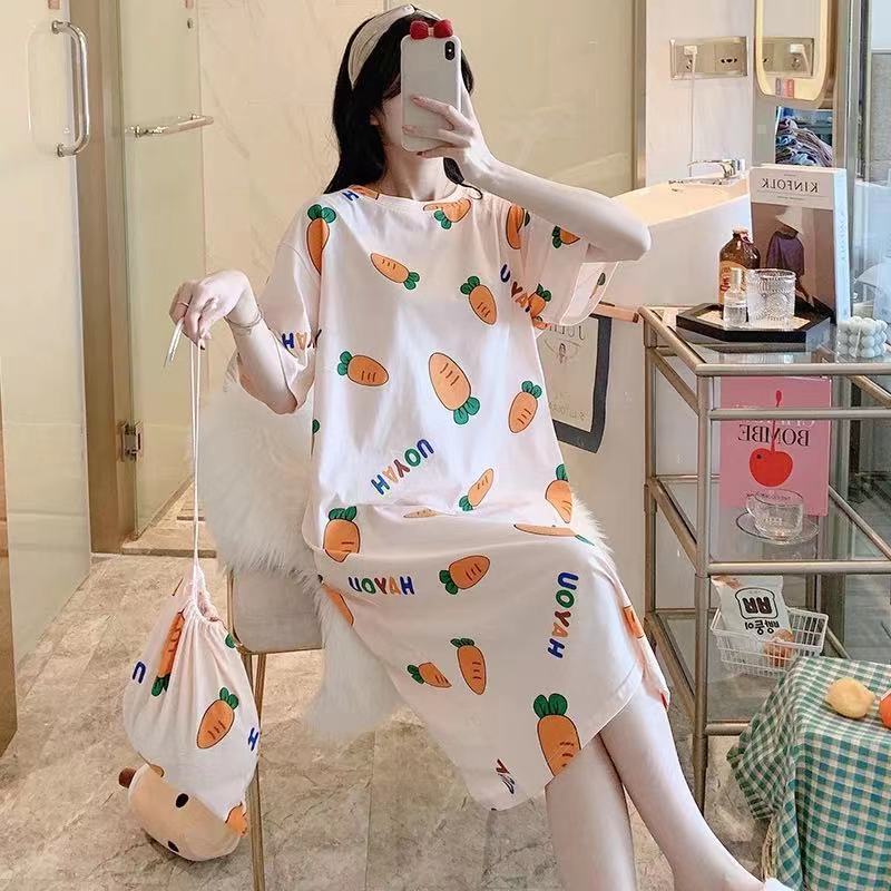 Váy ngủ cộc tay đầm ngủ nữ dễ thương dáng suông mềm mát họa tiết hoạt hình VN-02
